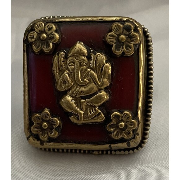 Hand made brass ring Ganesha red coral - Picture 1 of 3